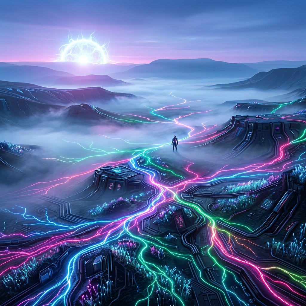 Futuristic landscape with neon light streams and a solitary person