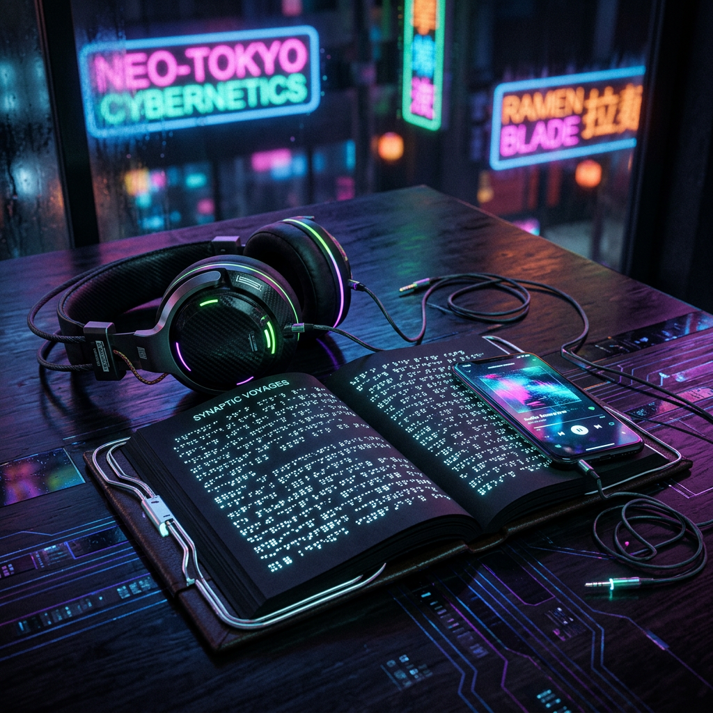 Open book with glowing braille text titled Synaptic Voyages next to headphones and a smartphone playing music