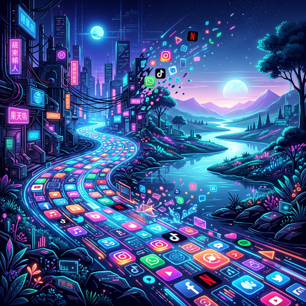 Neon digital stream of social media logos flowing from city street to peaceful river and mountains