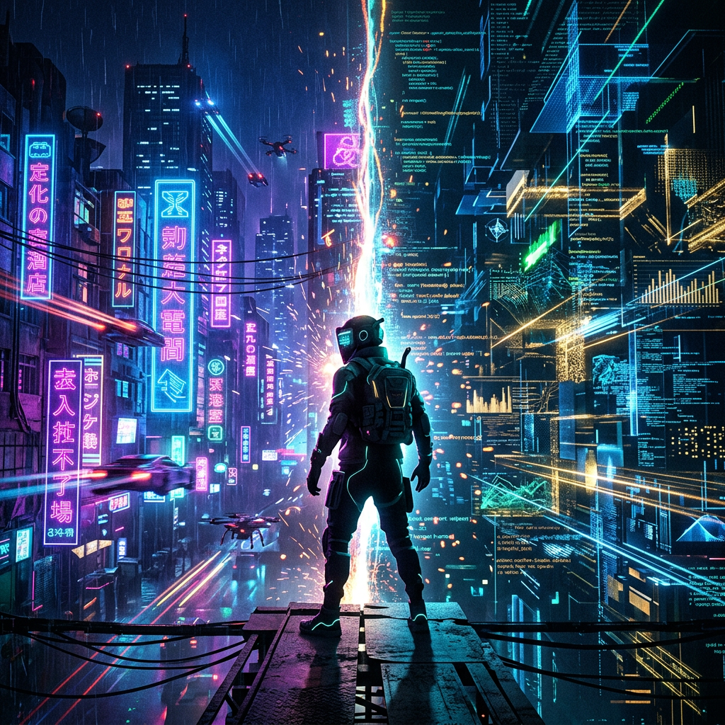 Futuristic figure in cyber suit on rooftop between neon-lit city and virtual data displays