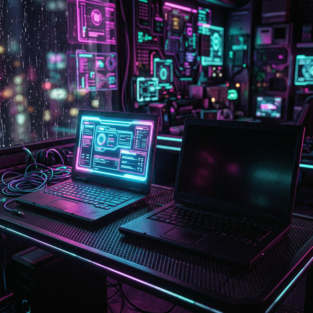 Two laptops on a desk with one showing neon-lit dashboards, surrounded by cyberpunk digital interfaces.