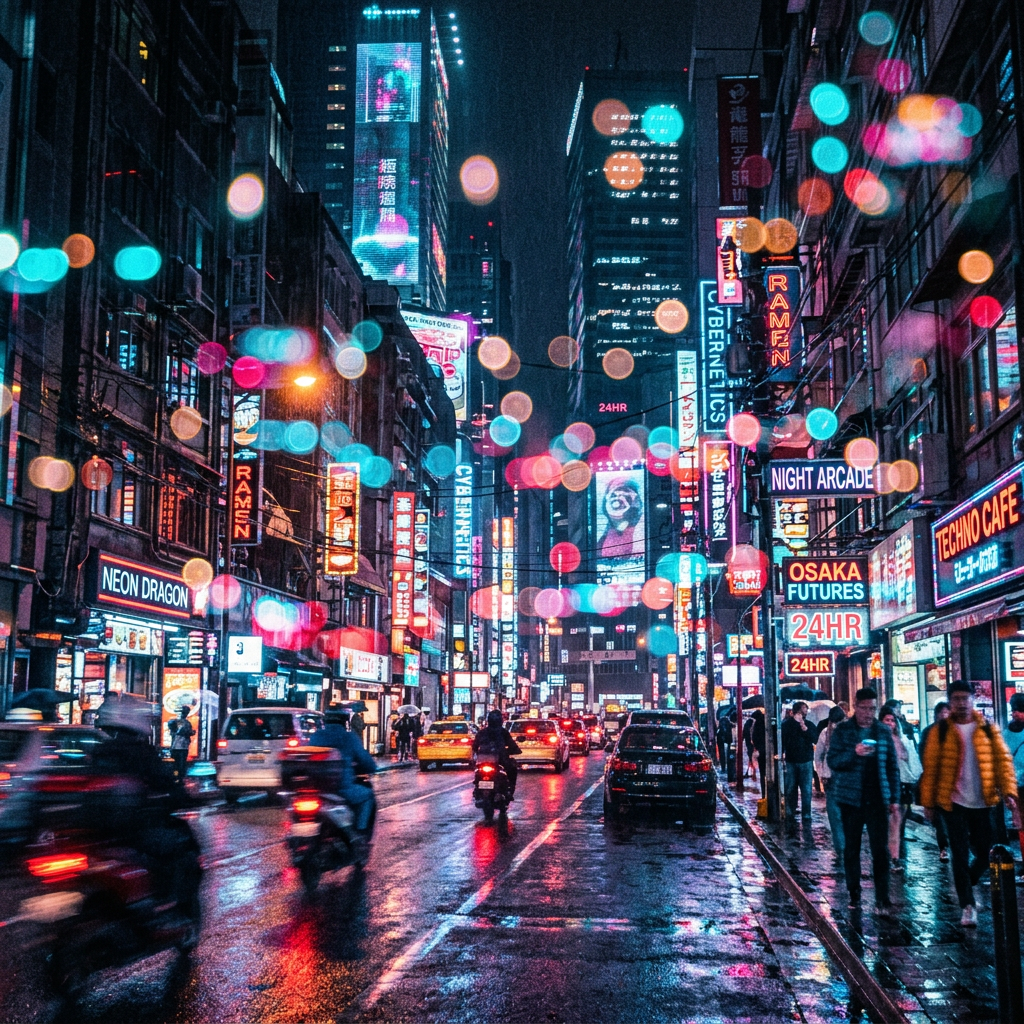 Busy city street at night with neon signs, wet pavement, motorbikes, cars, and pedestrians
