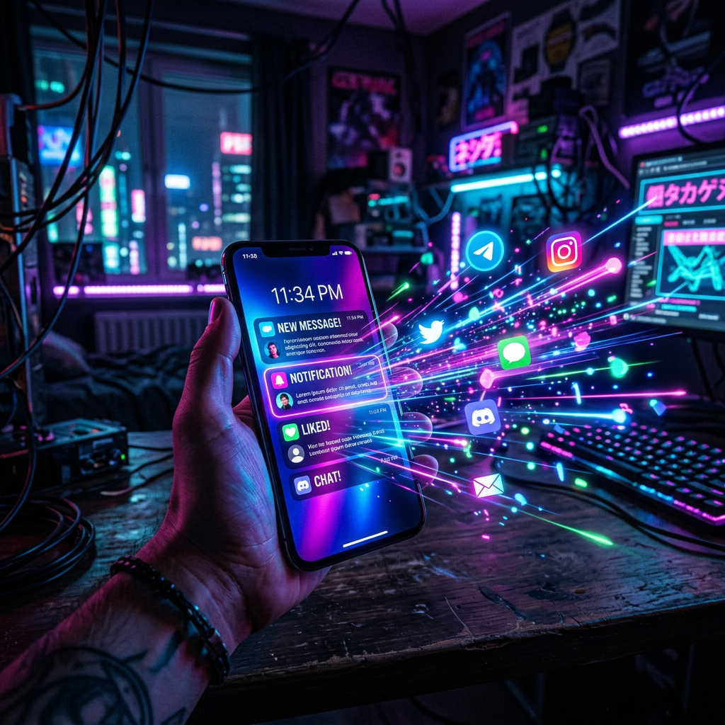 Hand holding smartphone with glowing social media notifications and app icons in a dark, neon-lit room