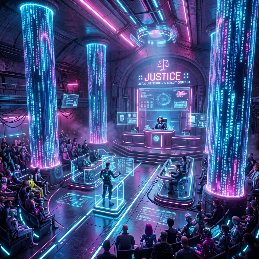 Futuristic courtroom with judge, lawyers, holographic screens, and digital audience