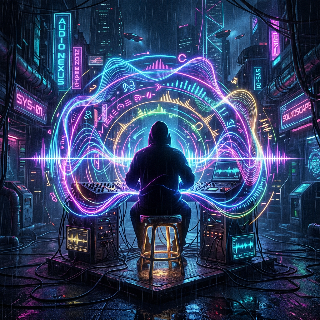 Hooded figure mixing music with neon sound waves in cyberpunk city
