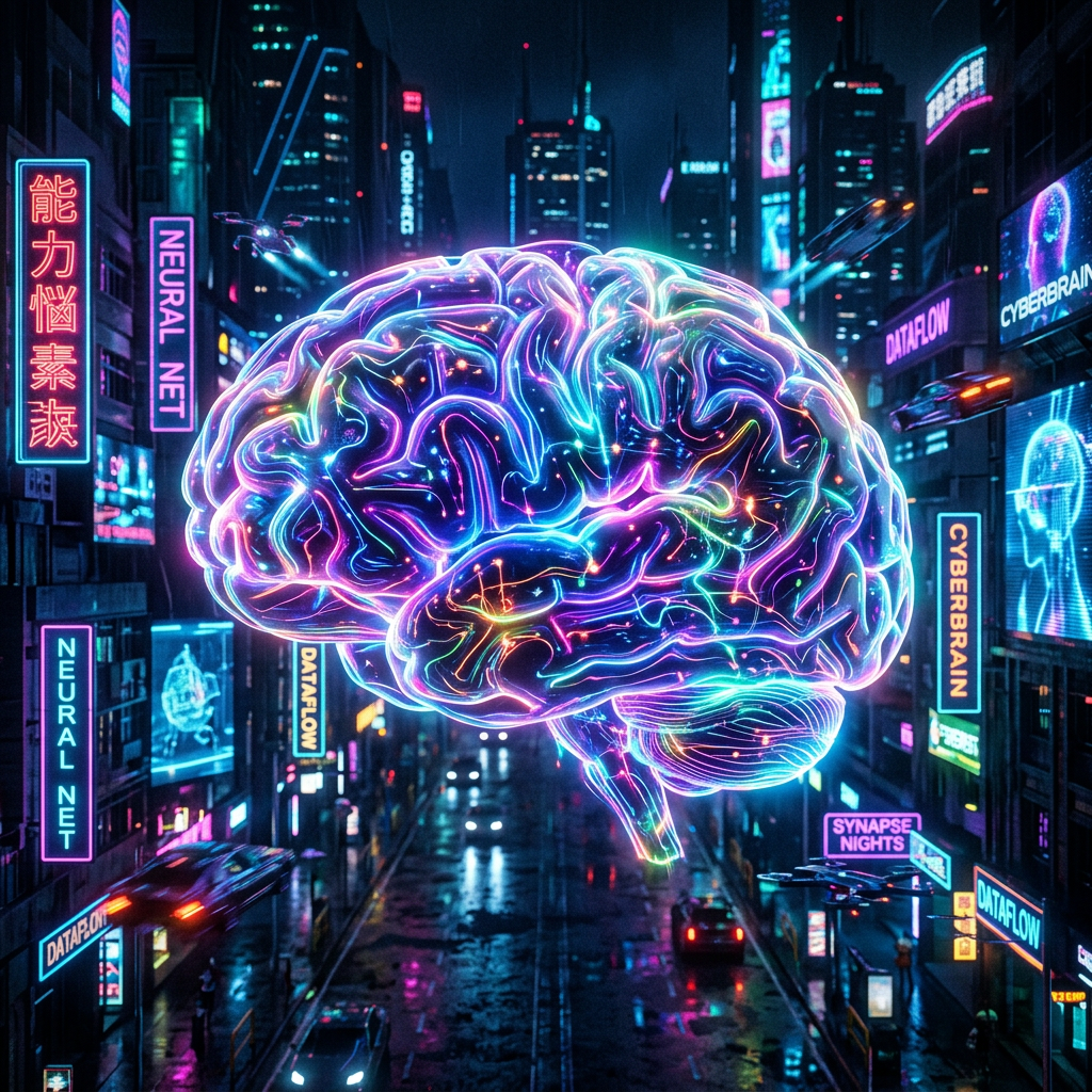 Glowing neon brain floating over rainy futuristic city street with digital signs and drones