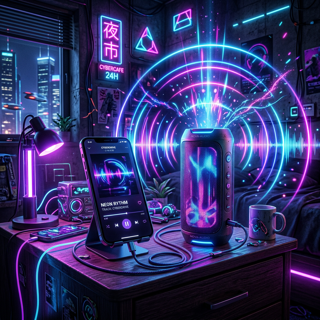 Smartphone on stand playing music connected to a glowing neon speaker inside a futuristic cybercafe room