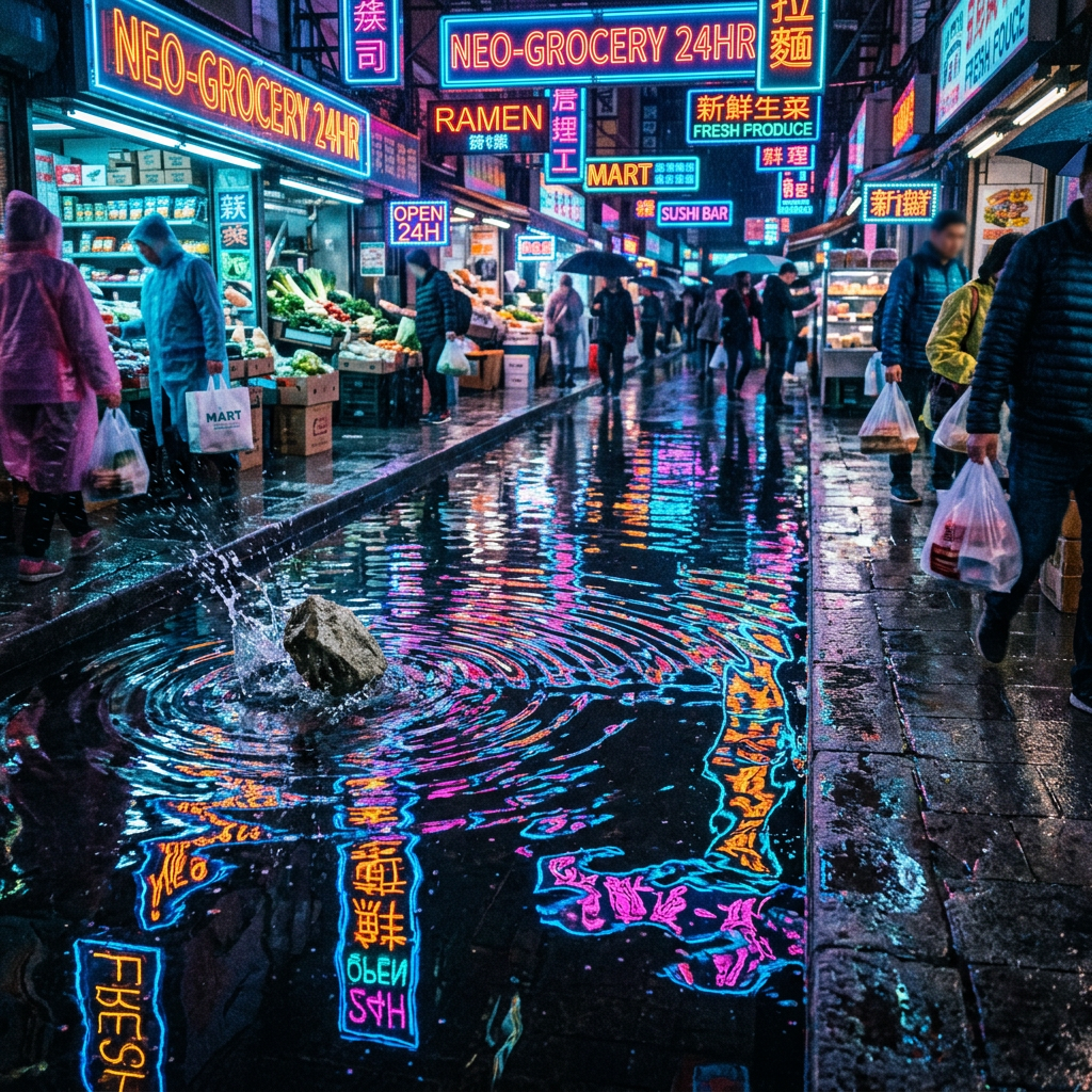 Night street market with neon signs reflected in wet pavement and people shopping