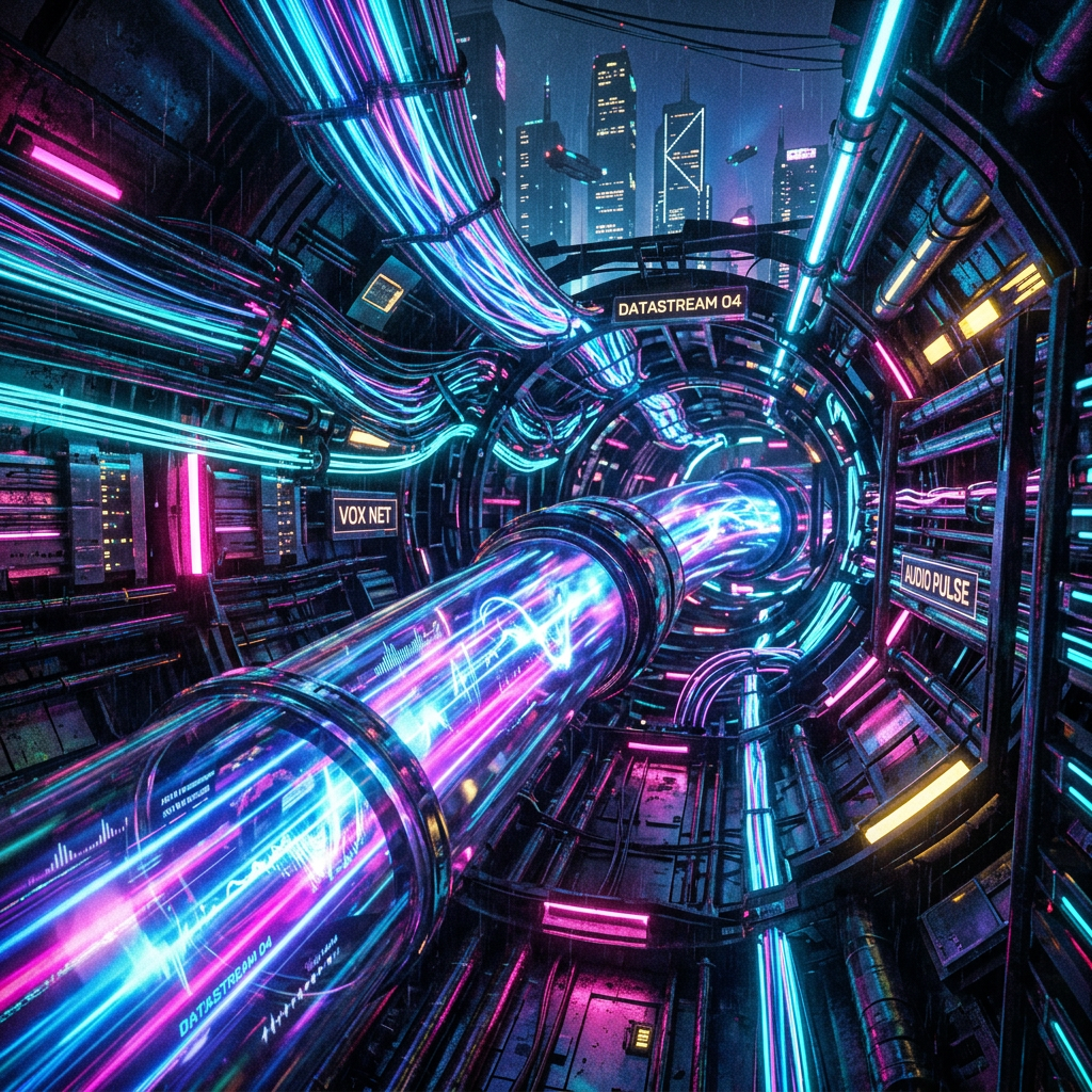 Neon-lit tunnel with digital data streams labeled VOX NET, DATASTREAM 04, and AUDIO PULSE