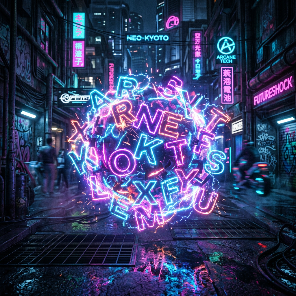 Electric sphere of neon letters floating in a dark city alley with neon signs and wet pavement.