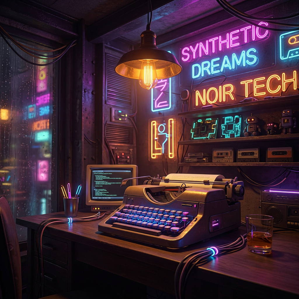 Retro typewriter and vintage computer on a desk with neon signs reading Synthetic Dreams and Noir Tech