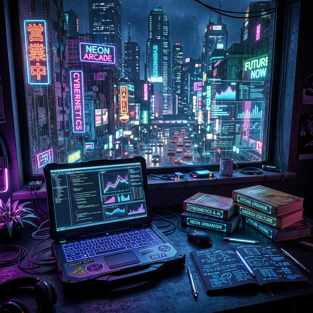 Desk with laptop showing data and graphs, books on cybernetics, and neon cityscape outside window