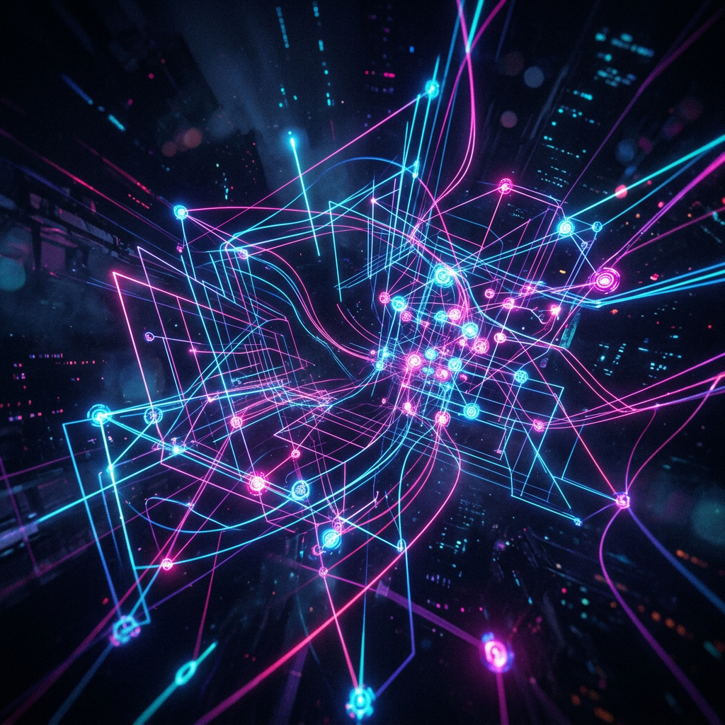 Neon pink and blue glowing nodes connected by light trails forming an abstract digital network