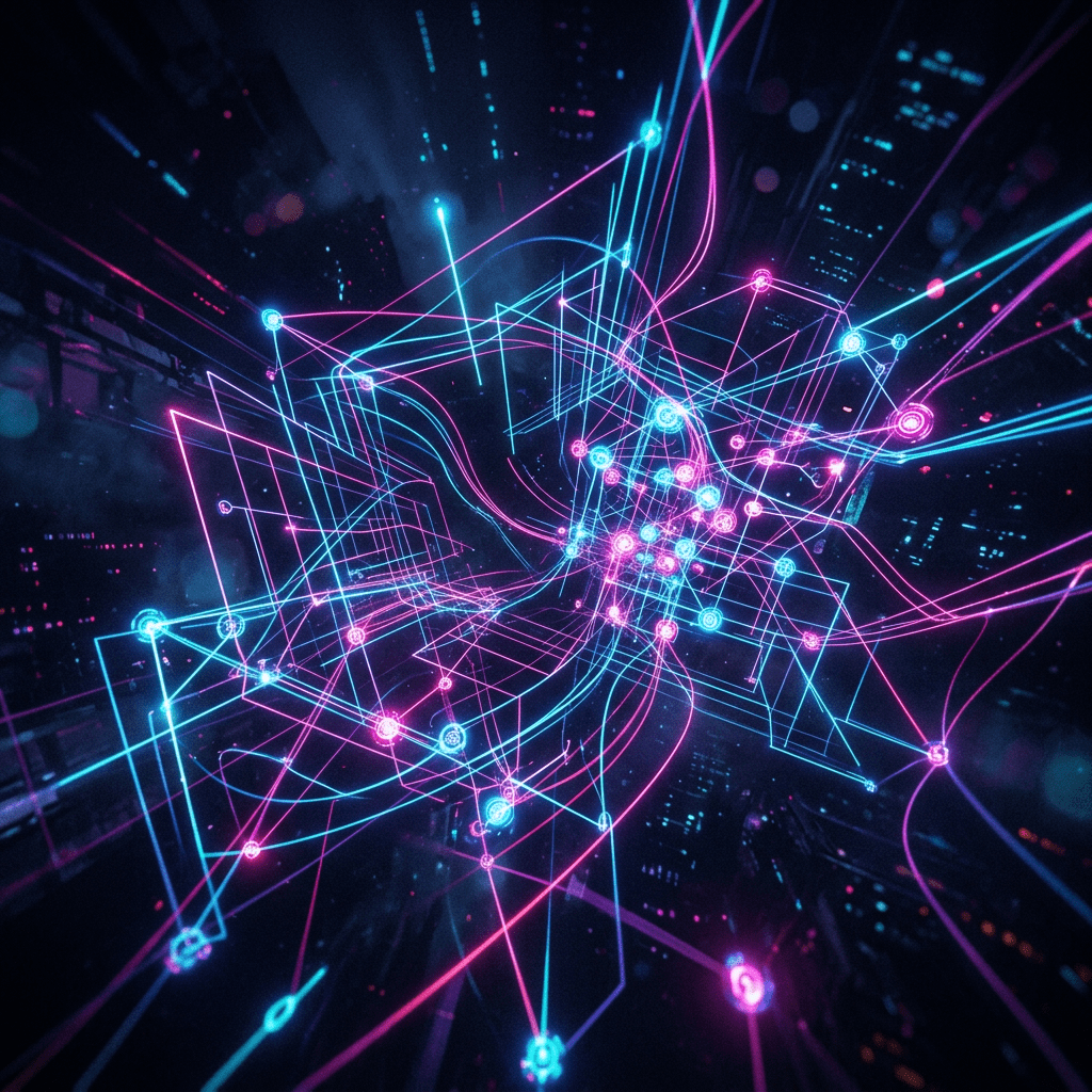 Neon pink and blue glowing nodes connected by light trails forming an abstract digital network