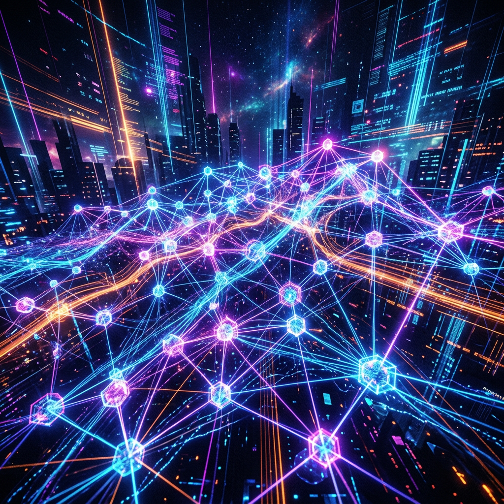 Neon blue and pink digital network nodes connected over a city skyline at night