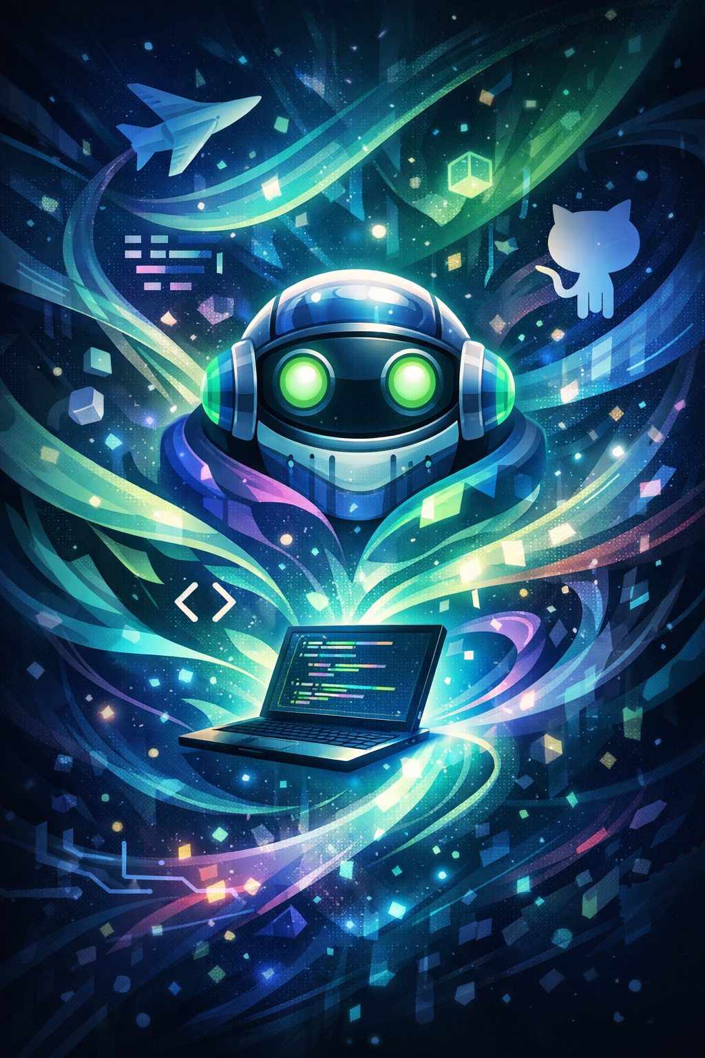 Copilot_20260607_212328 A futuristic digital illustration depicts GitHub Copilot as an AI coding assistant. At the center floats a rounded robot head with two glowing green eyes and a metallic body encased in a transparent visor. The robot hovers above a luminous laptop displaying green and blue lines of code. Surrounding it are swirling ribbons of light in shades of blue, teal, purple, and green, forming an energetic vortex of motion. Abstract symbols — brackets, cubes, and code fragments — orbit the robot. To the left, a small airplane shape glides through the light trails; to the right, a white silhouette of GitHub’s Octocat mascot appears. The background is a cosmic expanse filled with glowing particles, circuit-like lines, and radiant orbs, creating a sense of depth and digital wonder. The composition emphasizes flow, creativity, and the symbiosis between human coding and AI assistance.