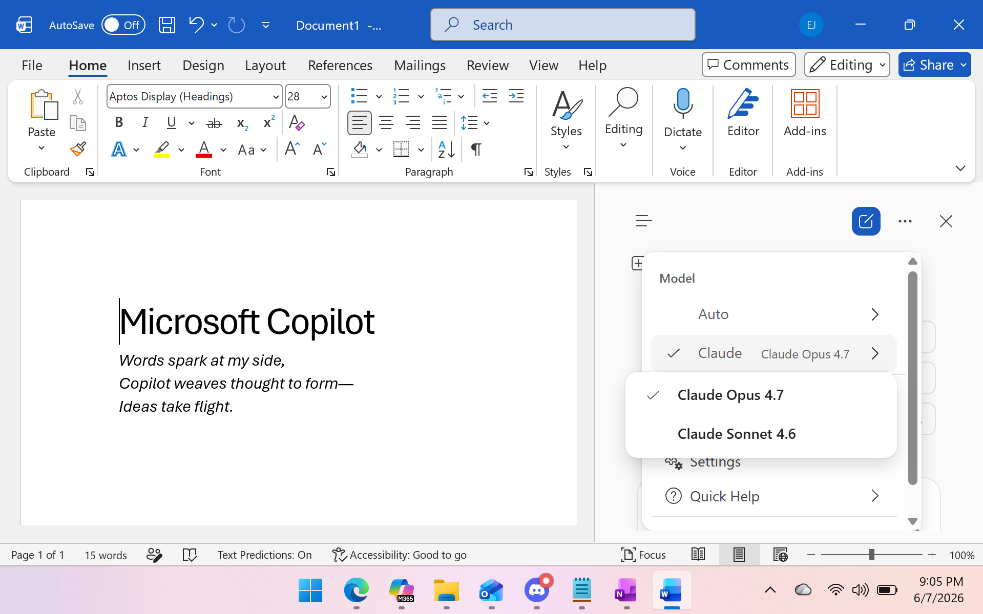 image A Windows desktop is shown with Microsoft Word open in the center of the screen. The Word document contains a short haiku‑style poem. At the top of the page, the title “Microsoft Copilot” appears in bold. Below it, three centered lines of text read: “Words spark at my side,” “Copilot weaves thought to form—”, and “Ideas take flight.” The Word interface is in the “Home” tab, displaying the standard ribbon with font options, text styling buttons, paragraph alignment tools, and style presets. On the right side of the window, a vertical panel labeled “Model” is open, showing selectable AI model options. “Claude Opus 4.7” is highlighted as the active model, with “Claude Sonnet 4.6” listed beneath it. The Windows taskbar at the bottom shows icons for Microsoft Edge, File Explorer, Microsoft Teams, and Microsoft Word. The system clock in the bottom-right corner reads 9:05 PM, and the date is June 7, 2026.