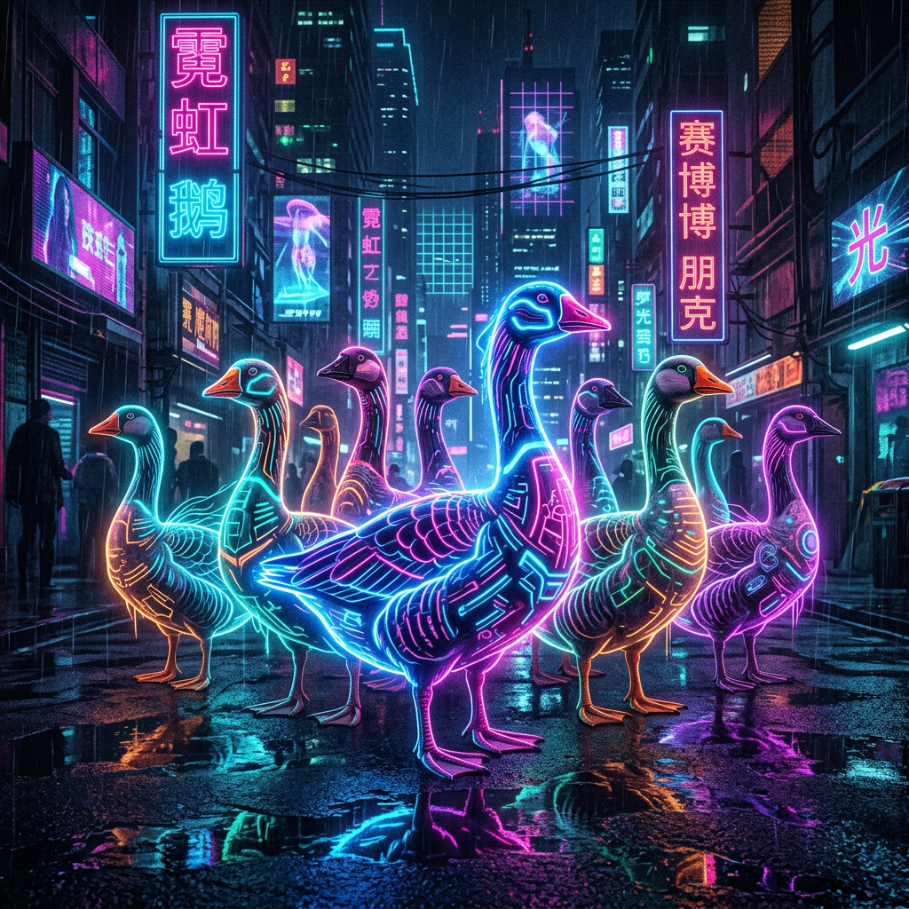 Neon-lit cybernetic geese on wet city street surrounded by futuristic skyscrapers and signs.