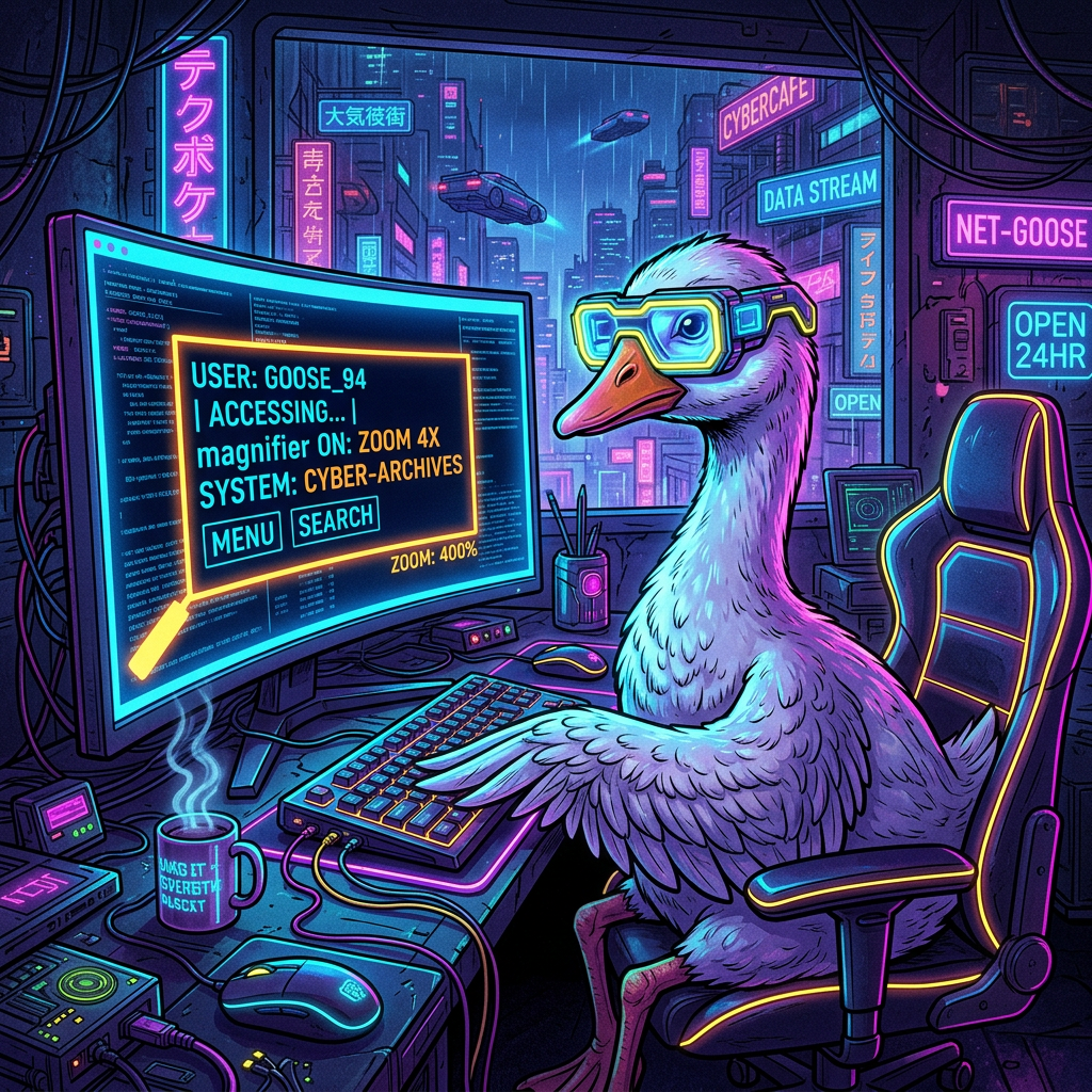 Goose at a computer in a cyberpunk room with neon signs and futuristic technology