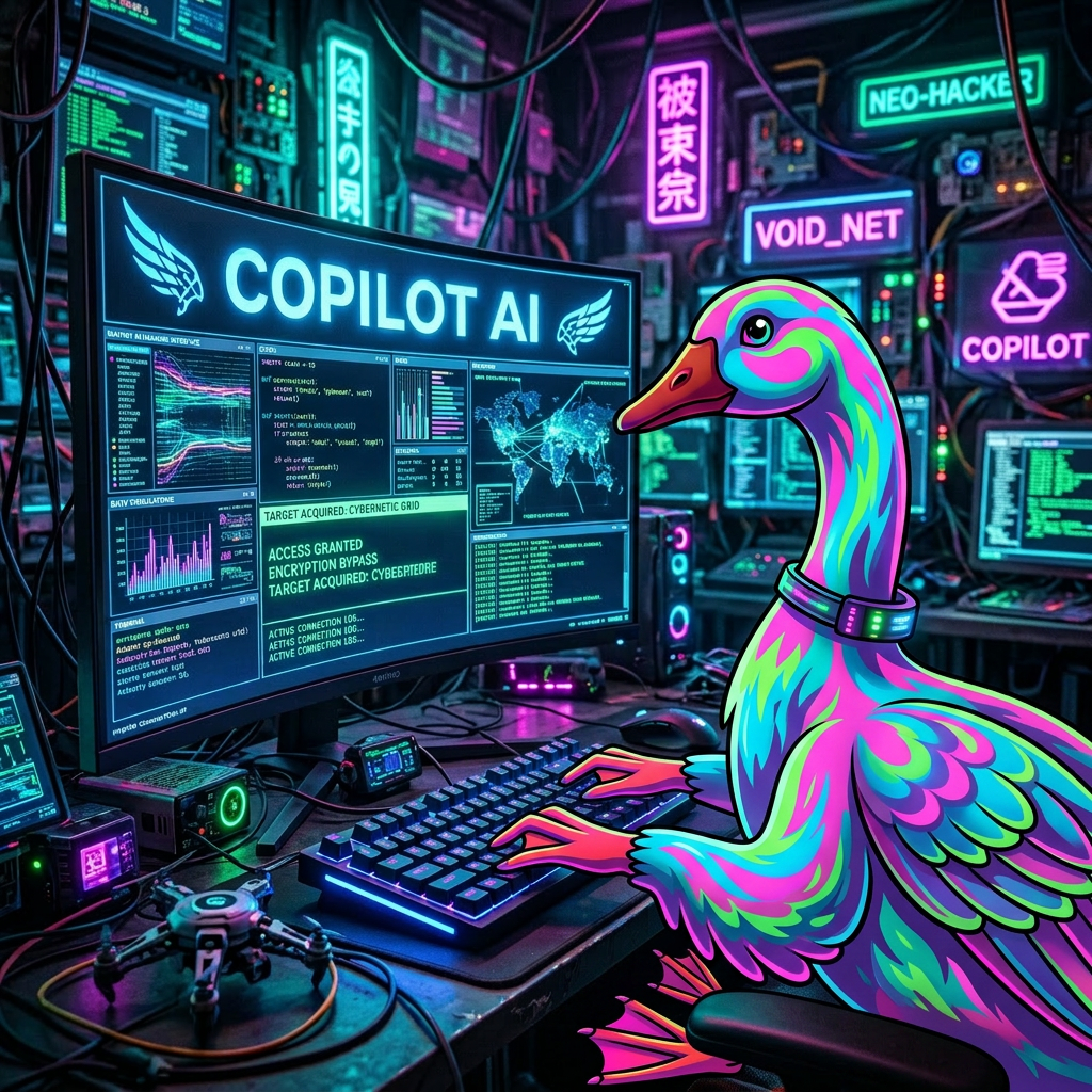 A goose sitting at a computer desk using a keyboard with multiple screens showing AI and hacking data