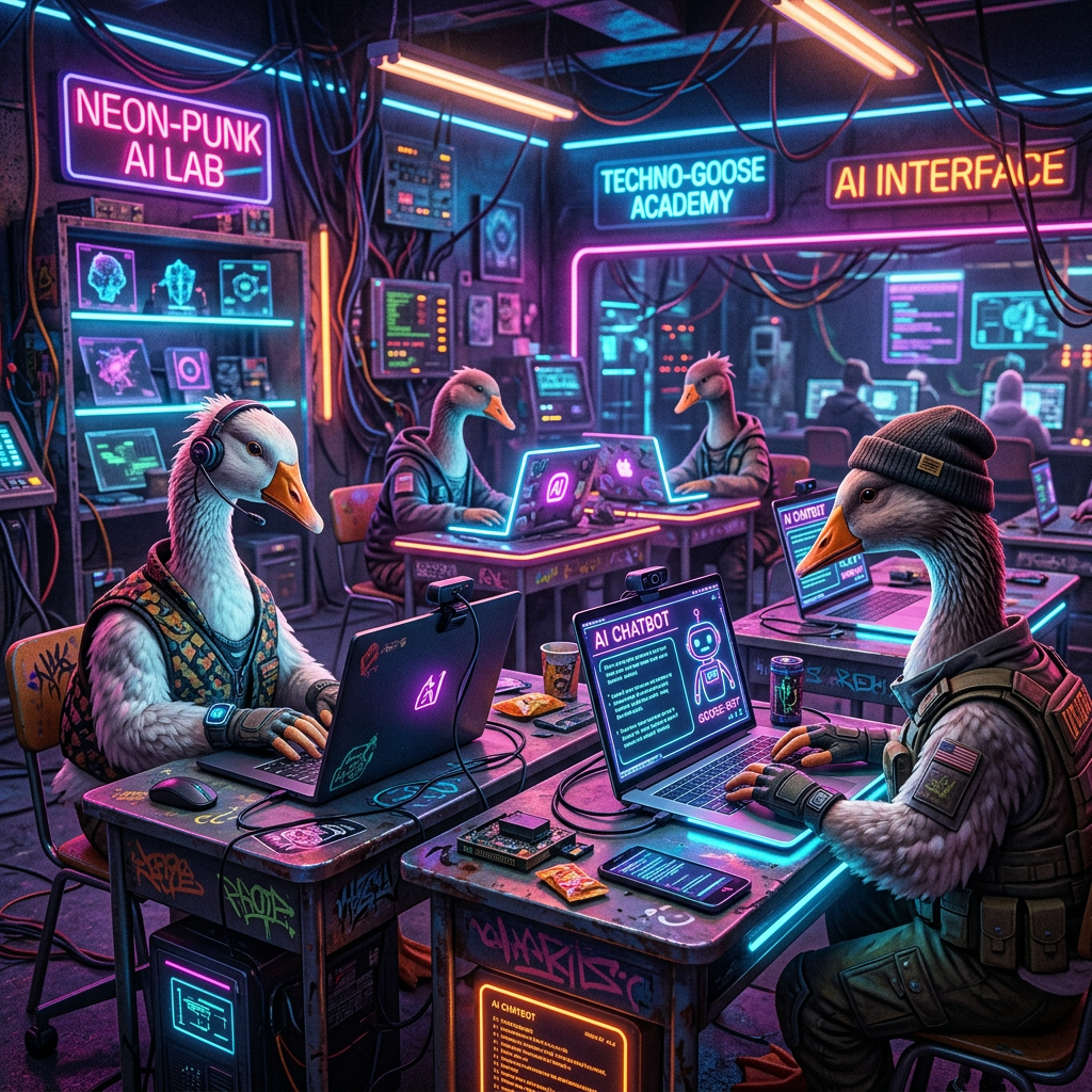 Anthropomorphic geese working on laptops in a neon-lit cyberpunk AI lab with signs reading Neon-Punk AI Lab, Techno-Goose Academy, and AI Interface