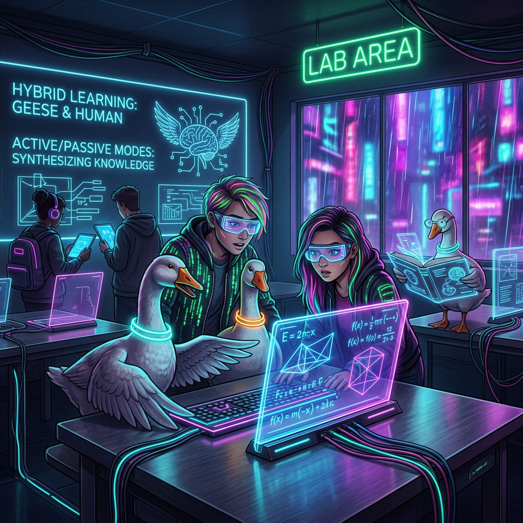 Two students and geese working together using holographic screens in a futuristic lab