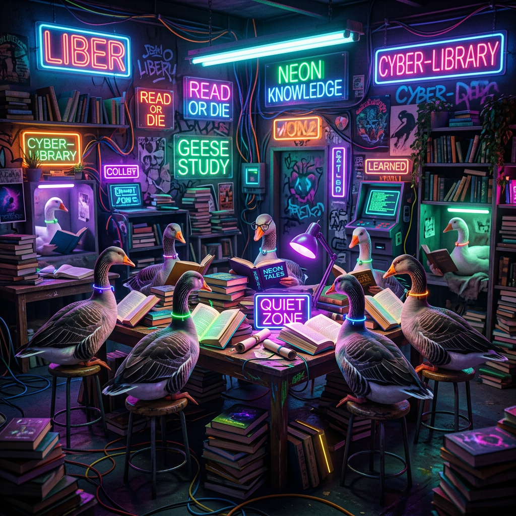 Geese reading books in a neon-lit library filled with stacks of books and colorful signs